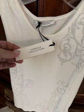 Versace Collection Cream Tank Top with Light Gray Baroque Print